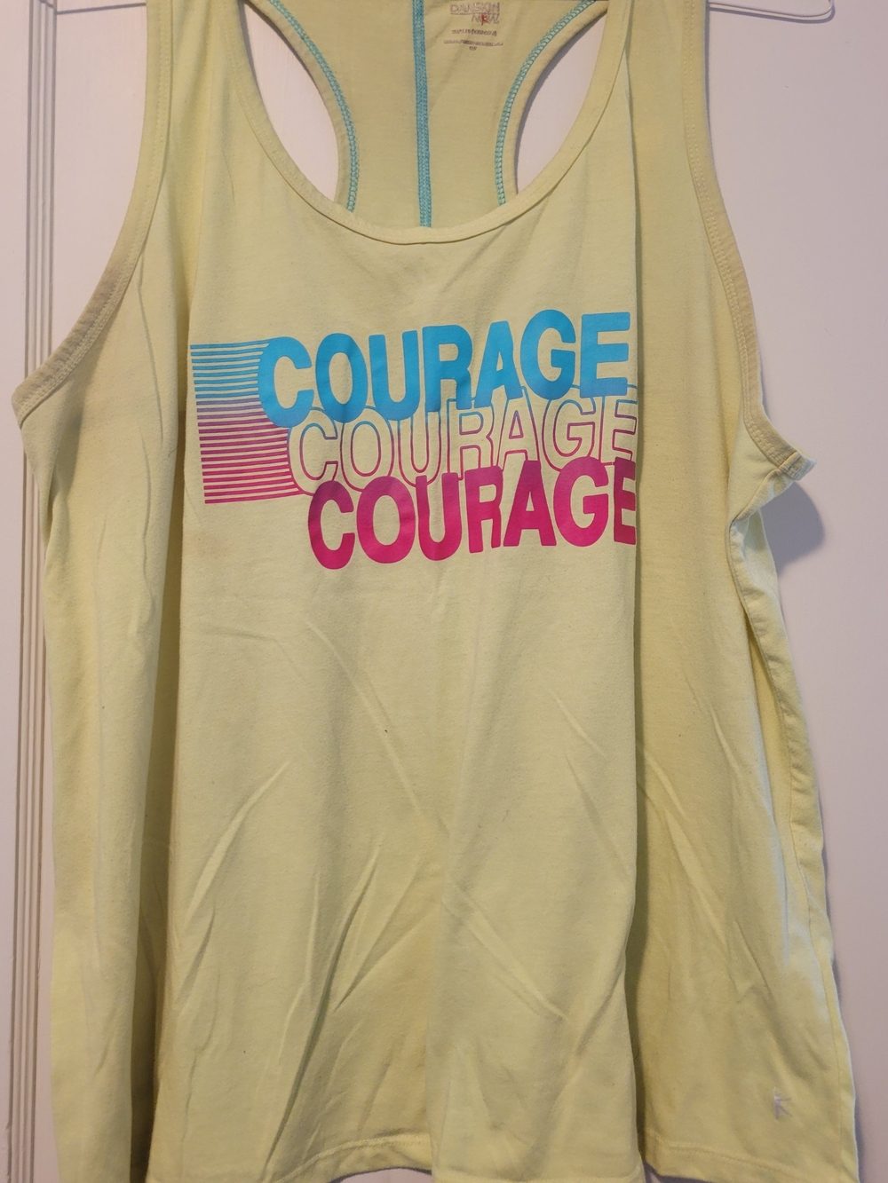 Danskin Yellow Racerback Tank with Bold Multicolor COURAGE Graphic